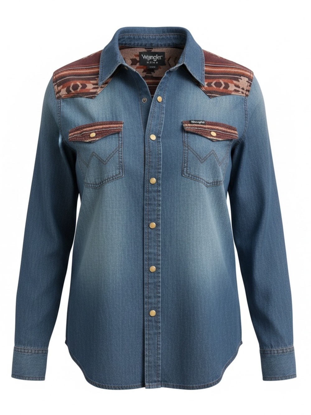 Wrangler Blue Denim Western Button-Down Shirt with Rust Yoke - Picture 4 of 9